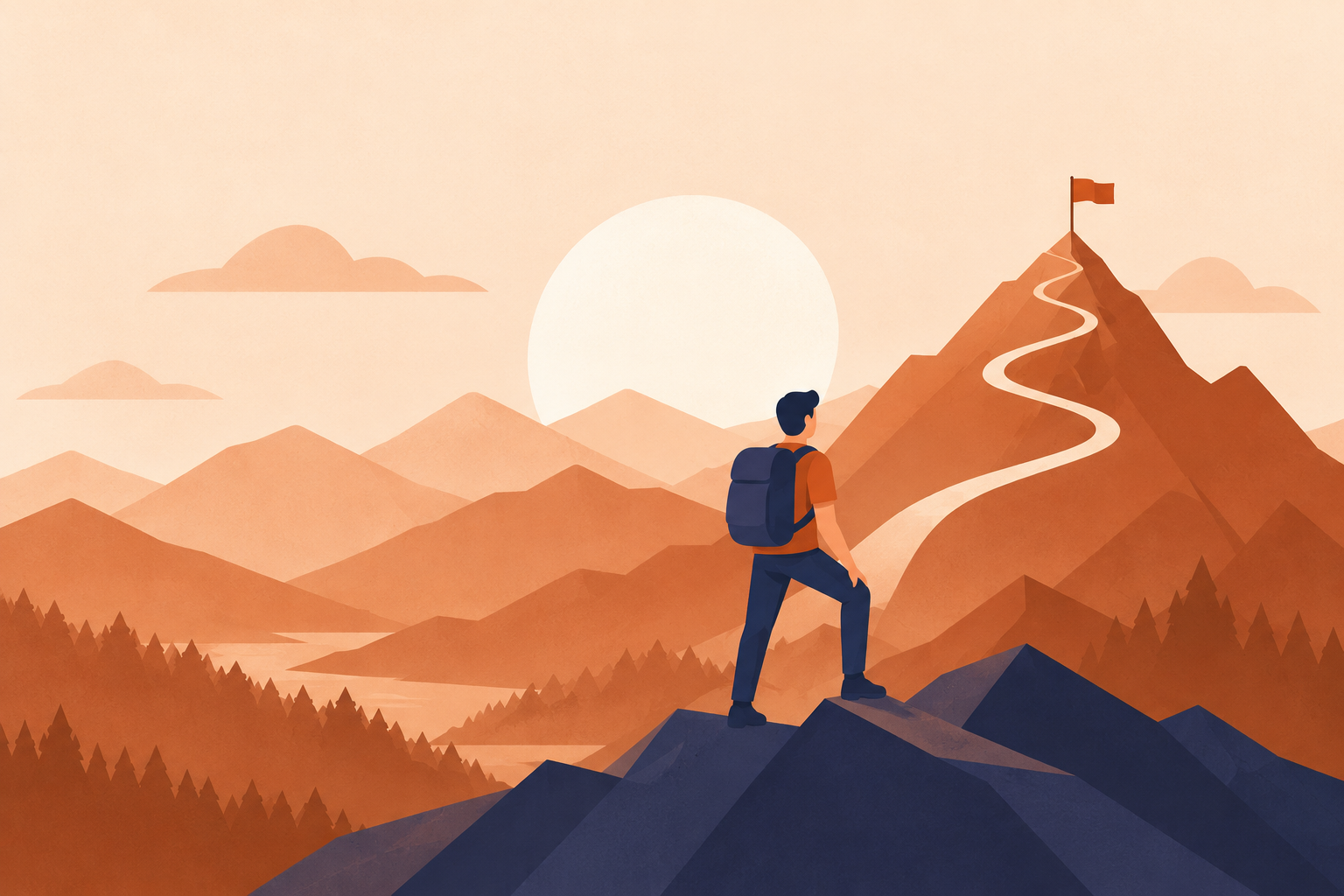 Ilustración conceptual de una persona avanzando hacia una meta entre montañas